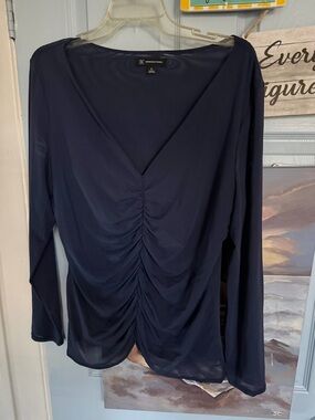 INC International Concepts Navy Ruched V-Neck Long Sleeve Top